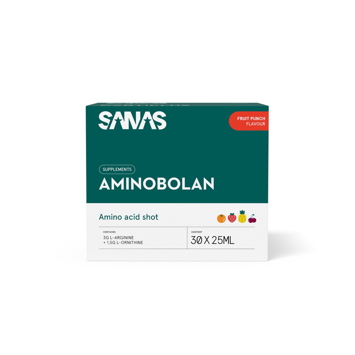 Sanas Aminobolan : Un paquet de 30x 25ml de shots d'acides aminés saveur fruit.