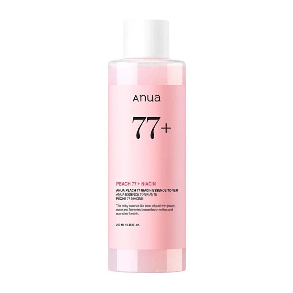 Anua Peach 77+ Niacin Essence Toner in een doorzichtige fles met witte dop.