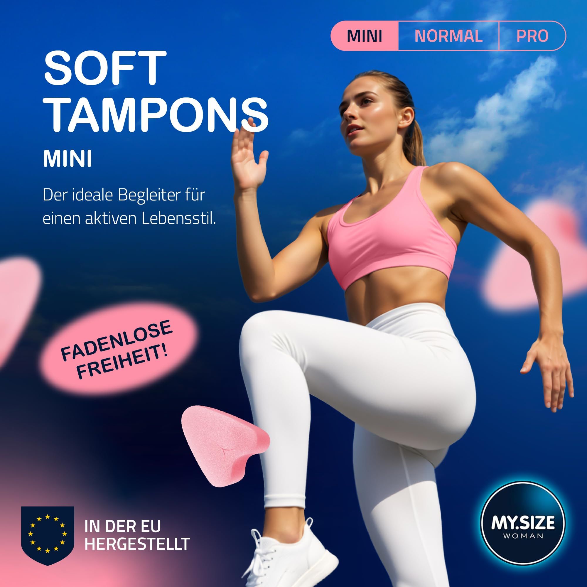 Vrouw in sportkleding rent, omringd door roze tampons. "Draadloze vrijheid!"