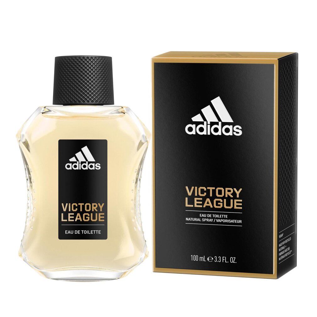 Flacon et boîte Adidas Victory League. Boîte noire avec détails dorés. Flacon avec bouchon noir.