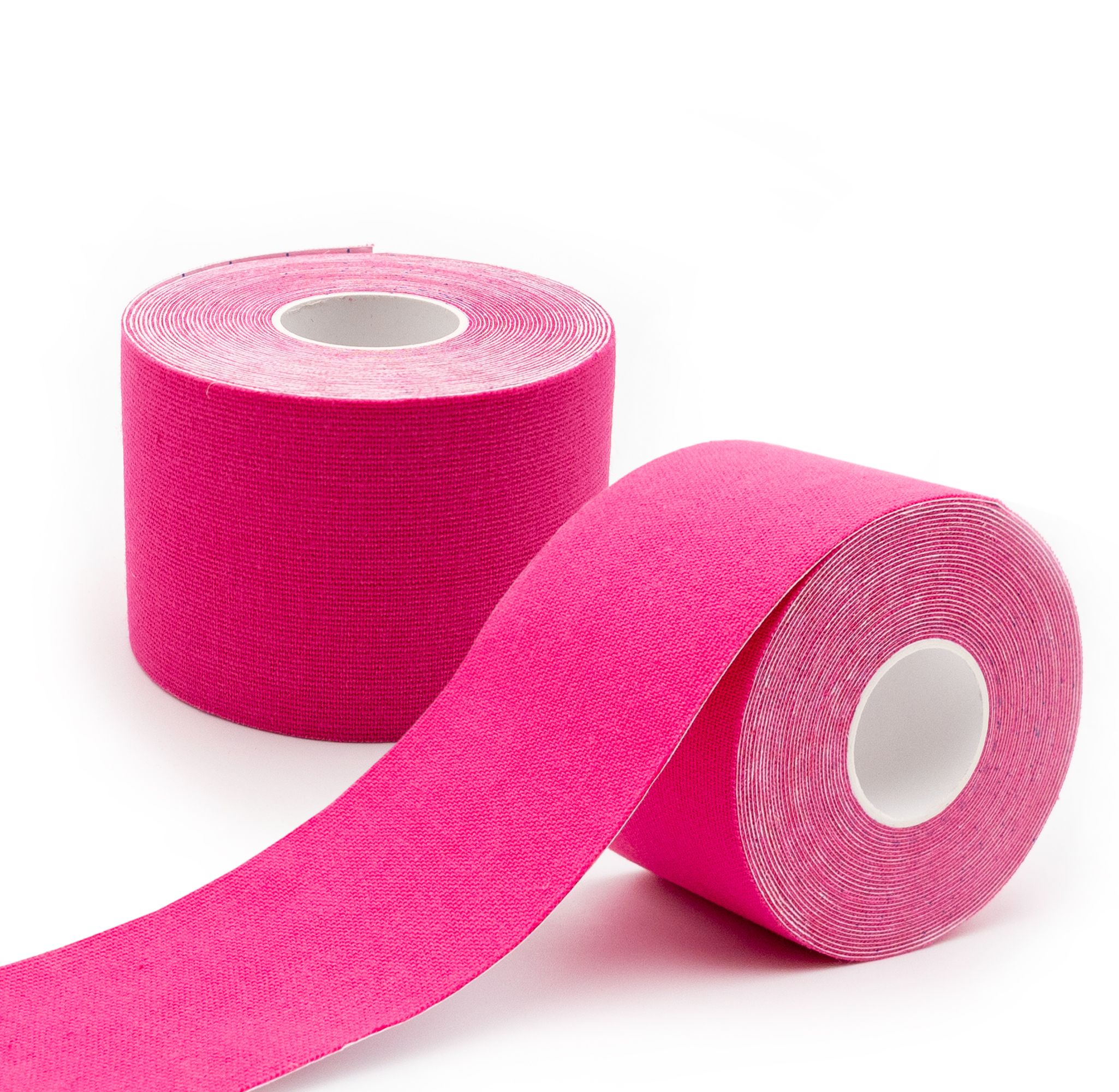 Twee rollen roze kinesiologie tape op witte achtergrond.
