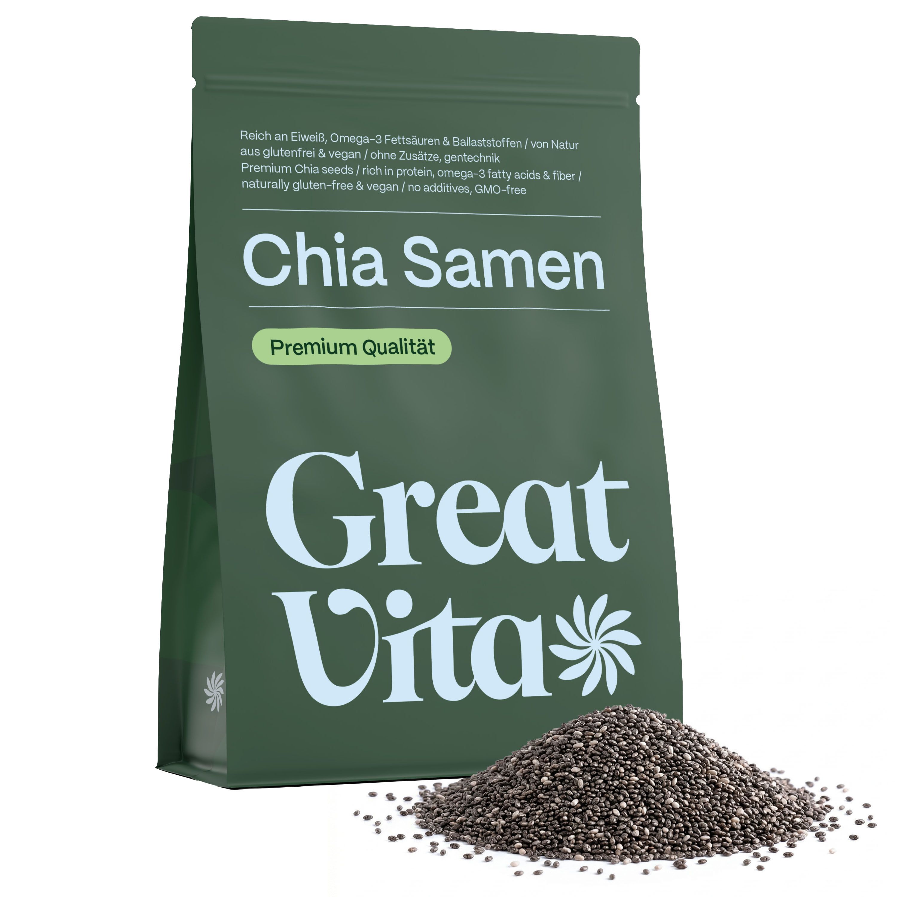 Emballage vert avec graines de chia et tas de graines de chia. Texte: Chia Samen, Premium Qualität, logo Great Vita.