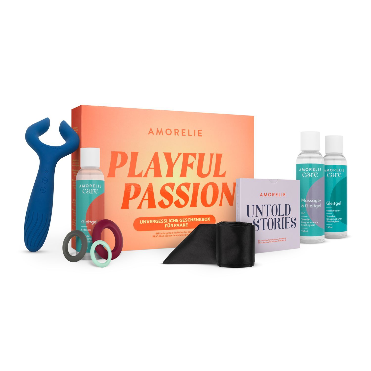 Cadeauset »Playful Passion« met vibrator, glijmiddel, ringen en accessoires. Verpakking met opschrift AMORELIE.