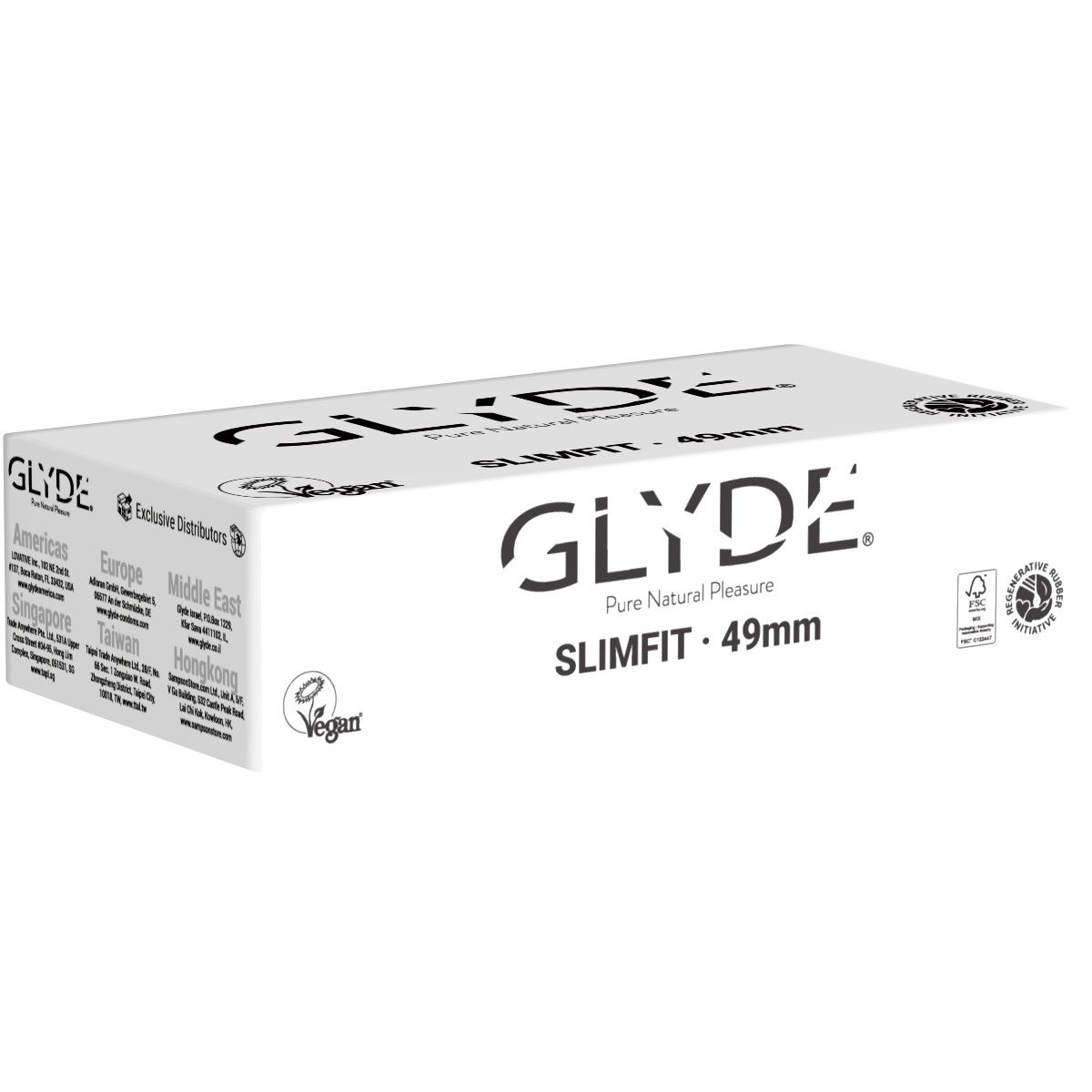 Verpakking Glyde Slimfit condooms, 49mm breed. Met Vegan-keurmerk en milieu-certificaten.