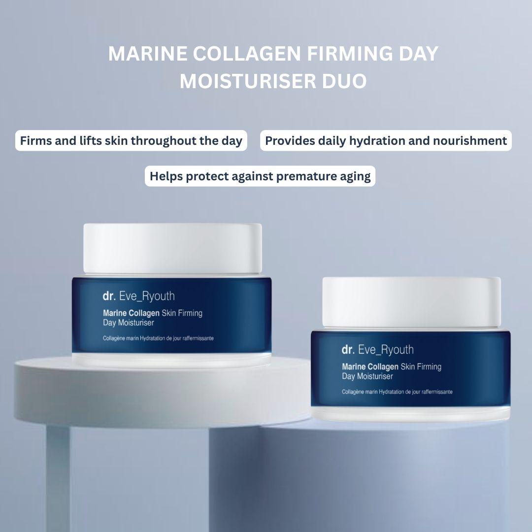 Deux pots de crème de jour Dr. Eve_Ryouth Marine Collagen. Récipients bleus avec couvercles blancs. Texte: Marine Collagen Skin Firming Day Moisturiser.