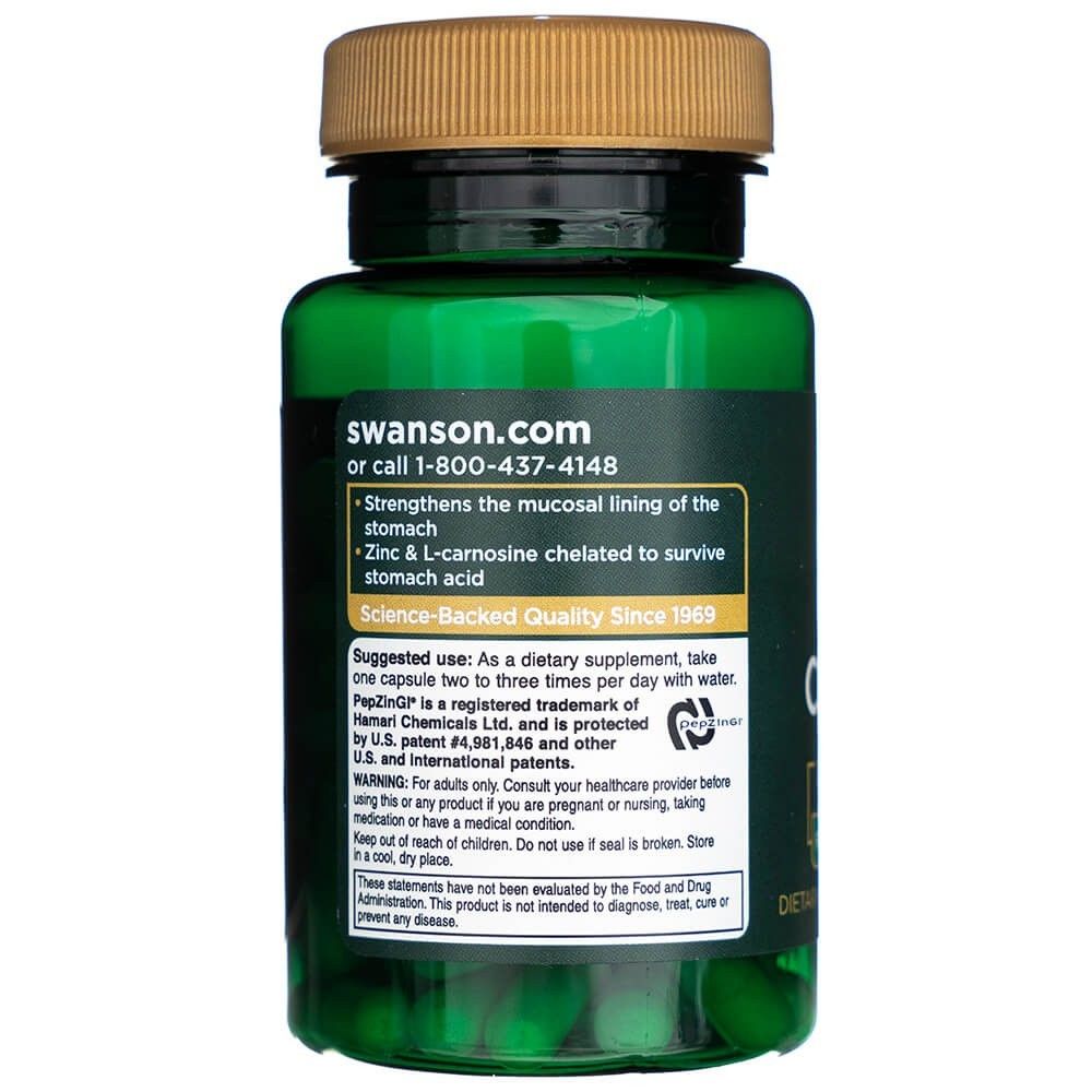 Achterkant van een groene pot Swanson Zink Carnosine, gebruiksadvies en productinformatie.