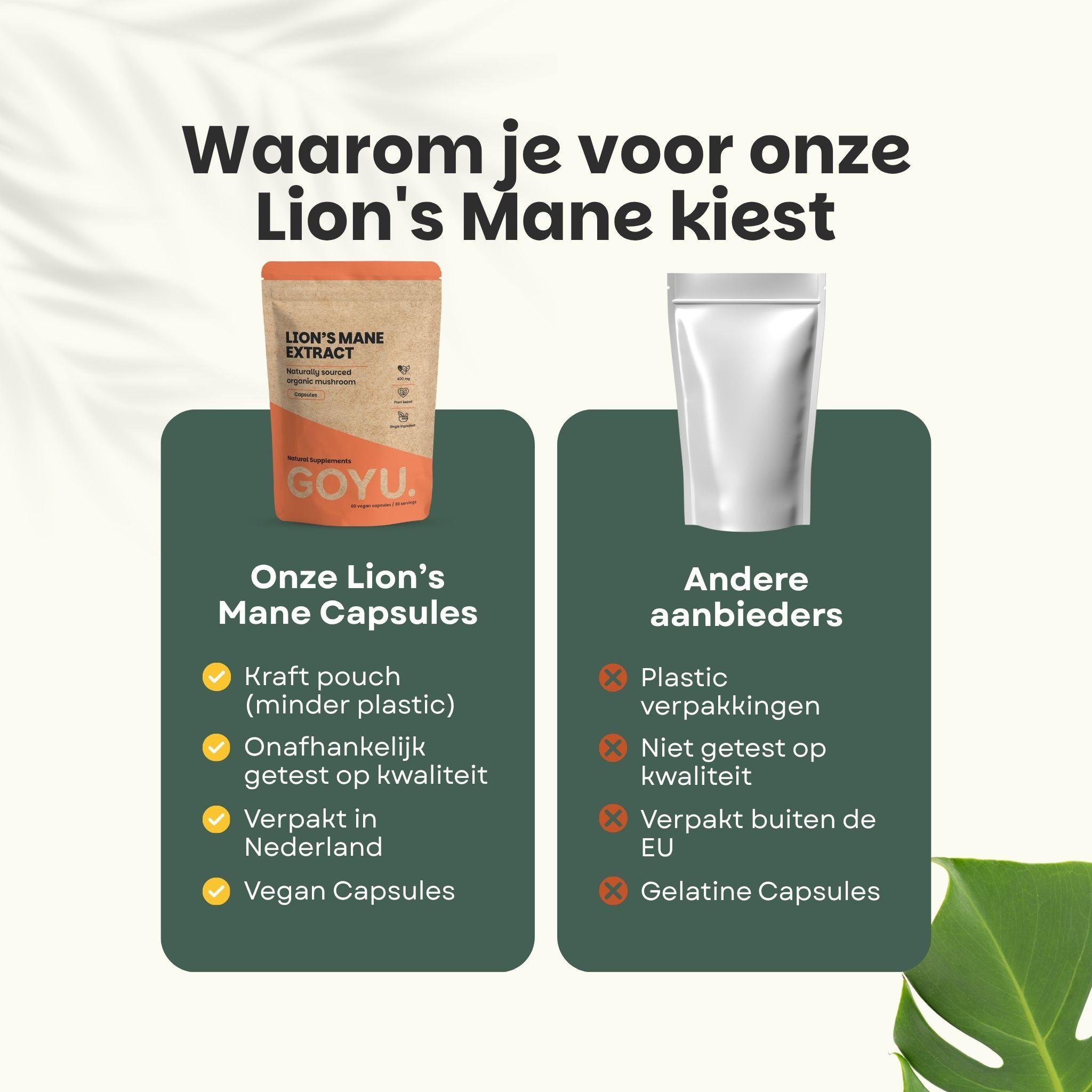 Verpakking Lion's Mane extract capsules, met lijst van producteigenschappen en een blad.