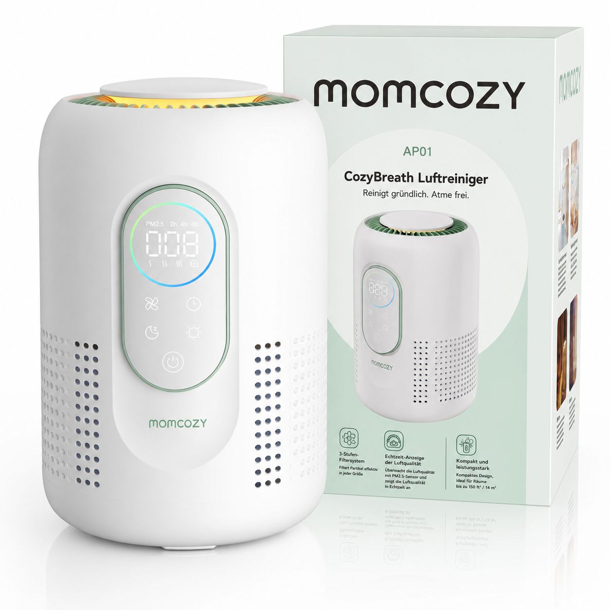 Momcozy AP01 luchtreiniger met verpakking, wit, met digitaal display en bedieningselementen.