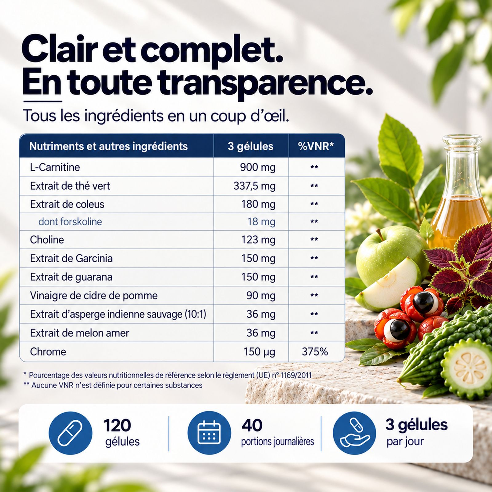 Femme savourant une tasse de thé le matin, bouteille SonneSee Stoffwechsel Komplex sur la table. Focus sur le bien-être.