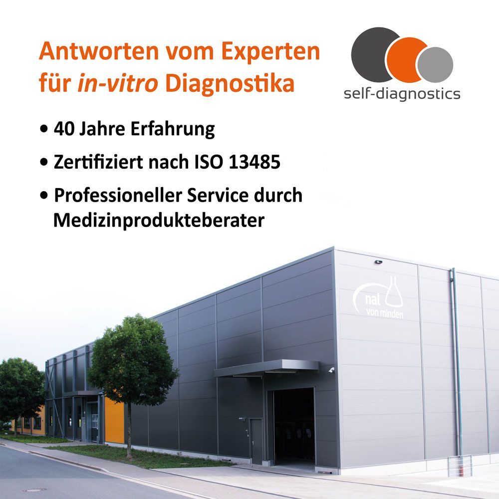 Gebouw met tekst: Antwoorden van de expert in in-vitro diagnostiek. ISO 13485 gecertificeerd. Logo.