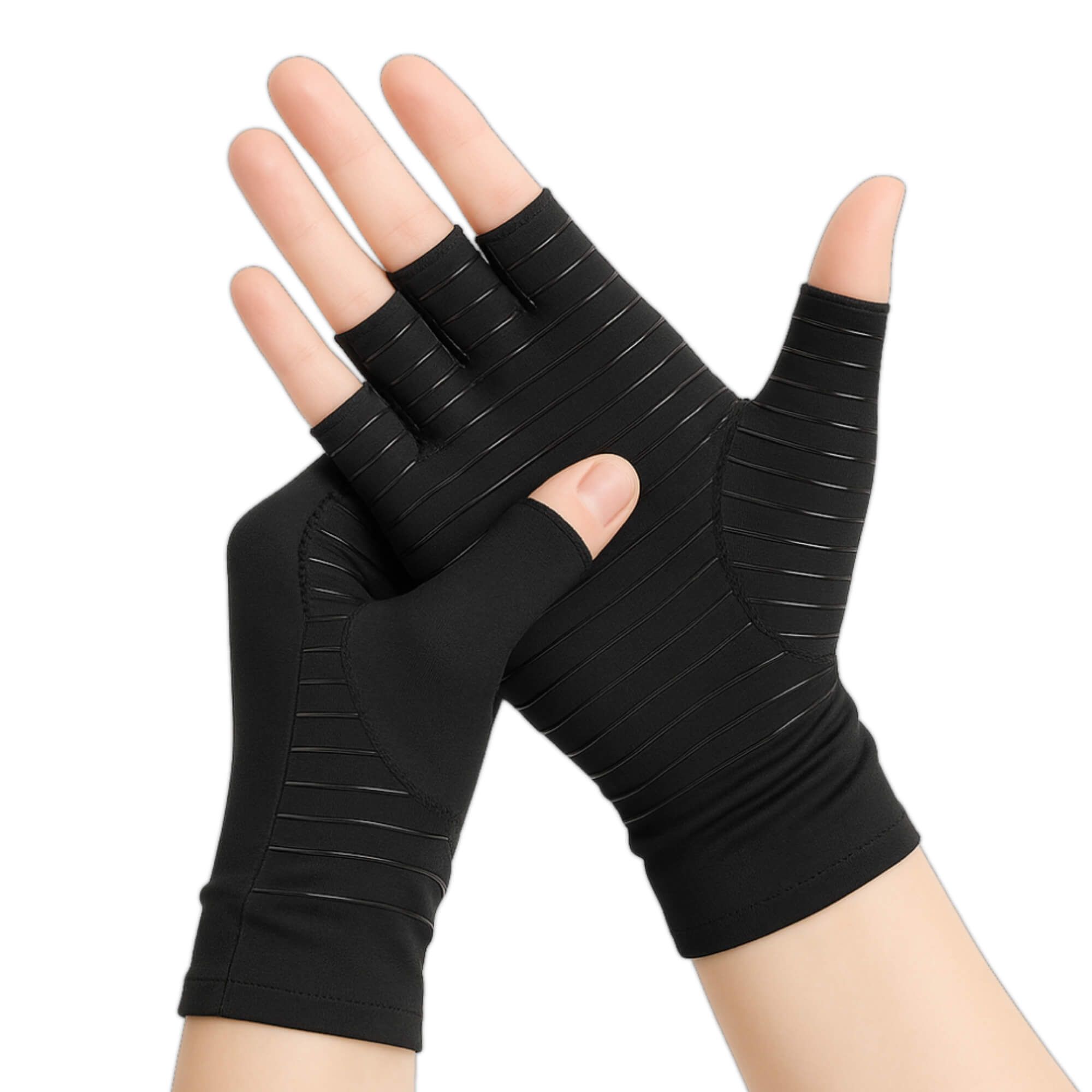 Gros plan sur des gants de compression noirs au design ouvert, posés sur une paume. Ils présentent un motif côtelé.