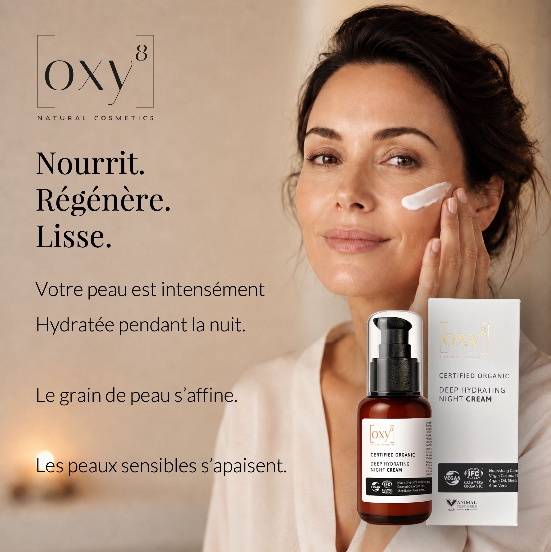 Femme avec crème sur le visage. Texte: Nourrit. Régénère. Lisse. Produit et flacon.