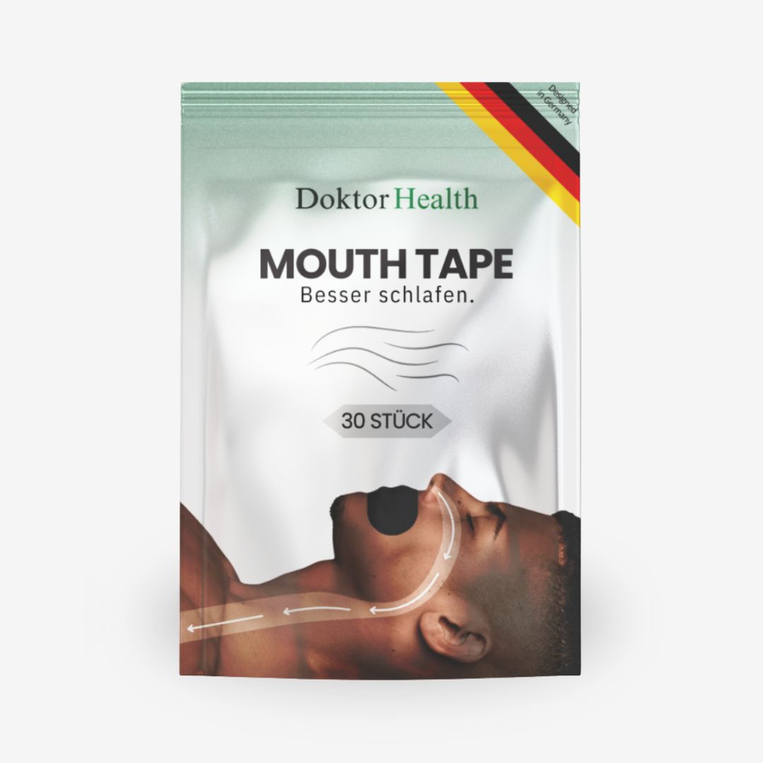 Verpakking met mondpleisters. Opschrift: Doktor Health, Mouth Tape, Besser schlafen. 30 stuks. Illustratie van een persoon met een mondpleister.