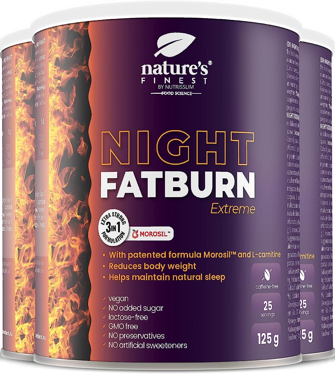 Drie blikken Night FatBurn Extreme. Opschrift: Nature's Finest, Night FatBurn Extreme, 3-in-1 formule, 125g.