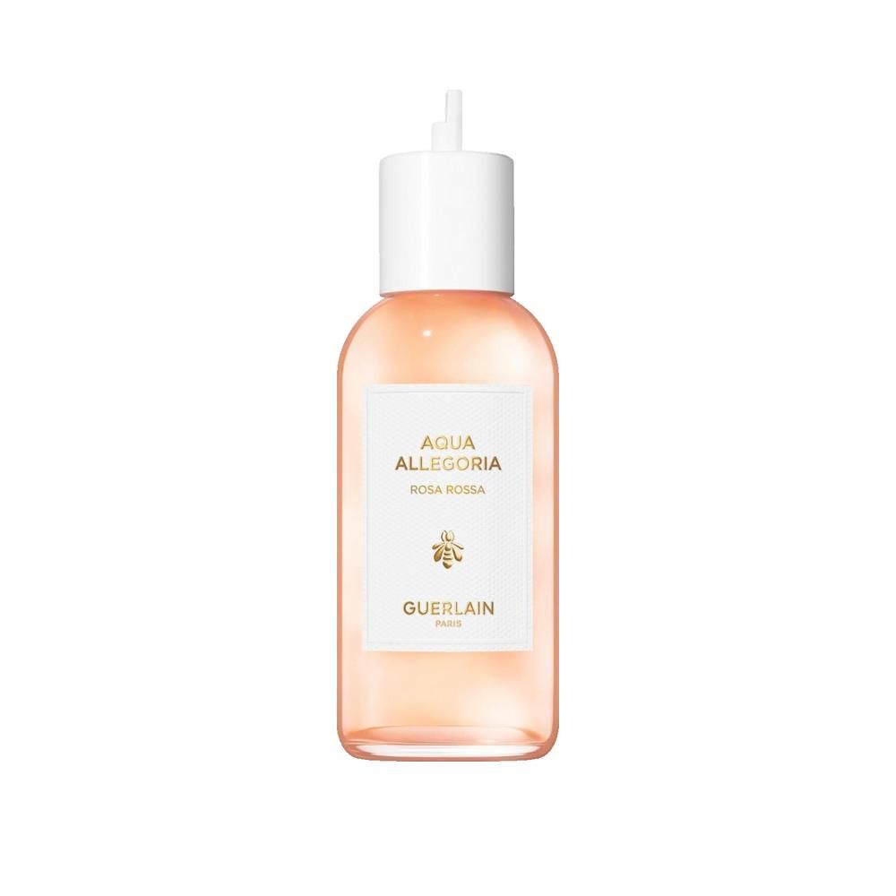 Transparante fles met witte dop. Op het etiket staat "Aqua Allegoria Rosa Rossa" en "Guerlain".