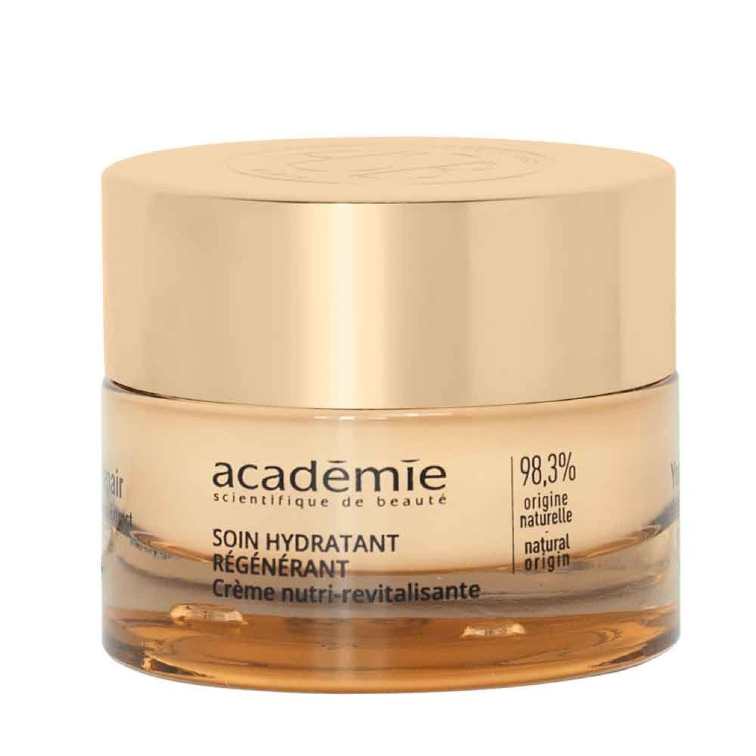 Crèmepot met gouden deksel. Label: académie scientifique de beauté. Tekst: SOIN HYDRATANT RÉGÉNÉRANT. 98,3% natuurlijke oorsprong.
