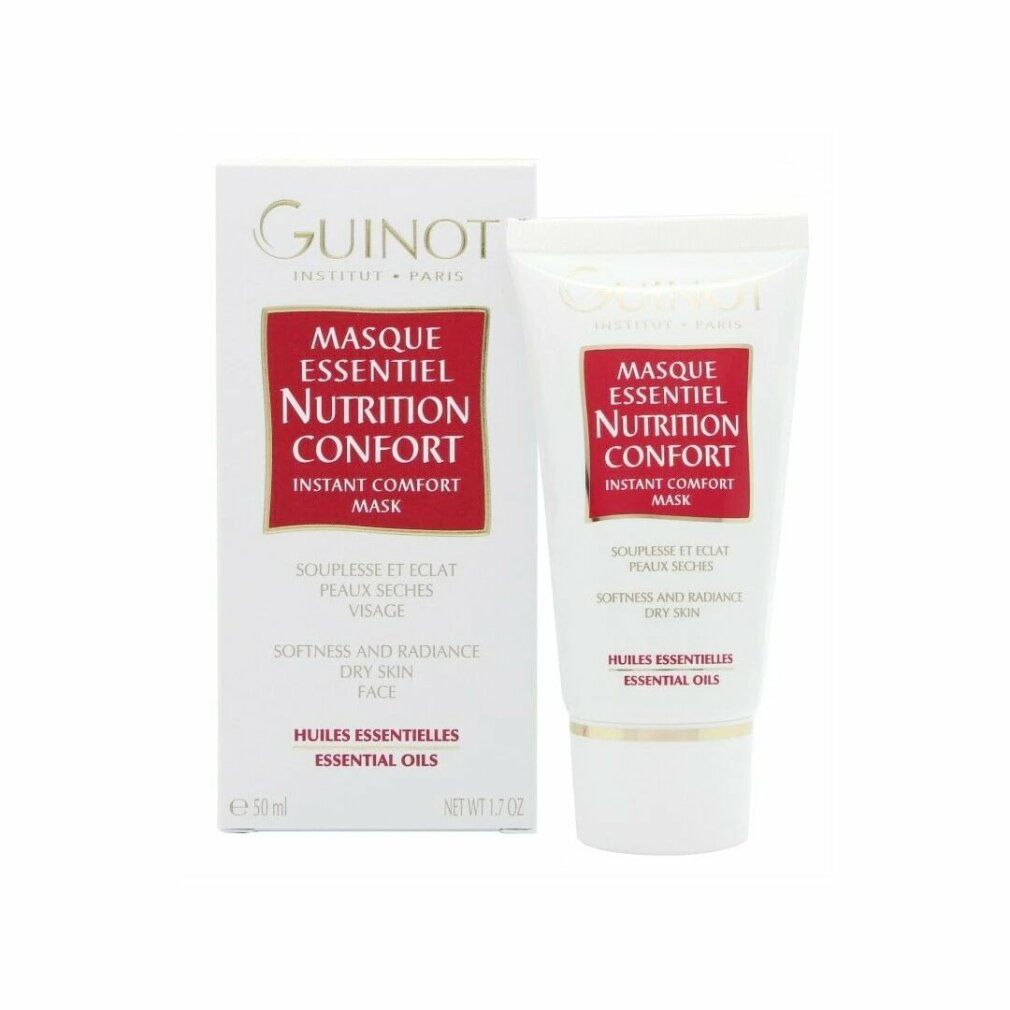 Emballage produit: tube et boîte. Texte: Guinot, Masque Essentiel Nutrition Confort, Instant Comfort Mask, Peaux sèches, 50 ml. Blanc, rouge, doré.