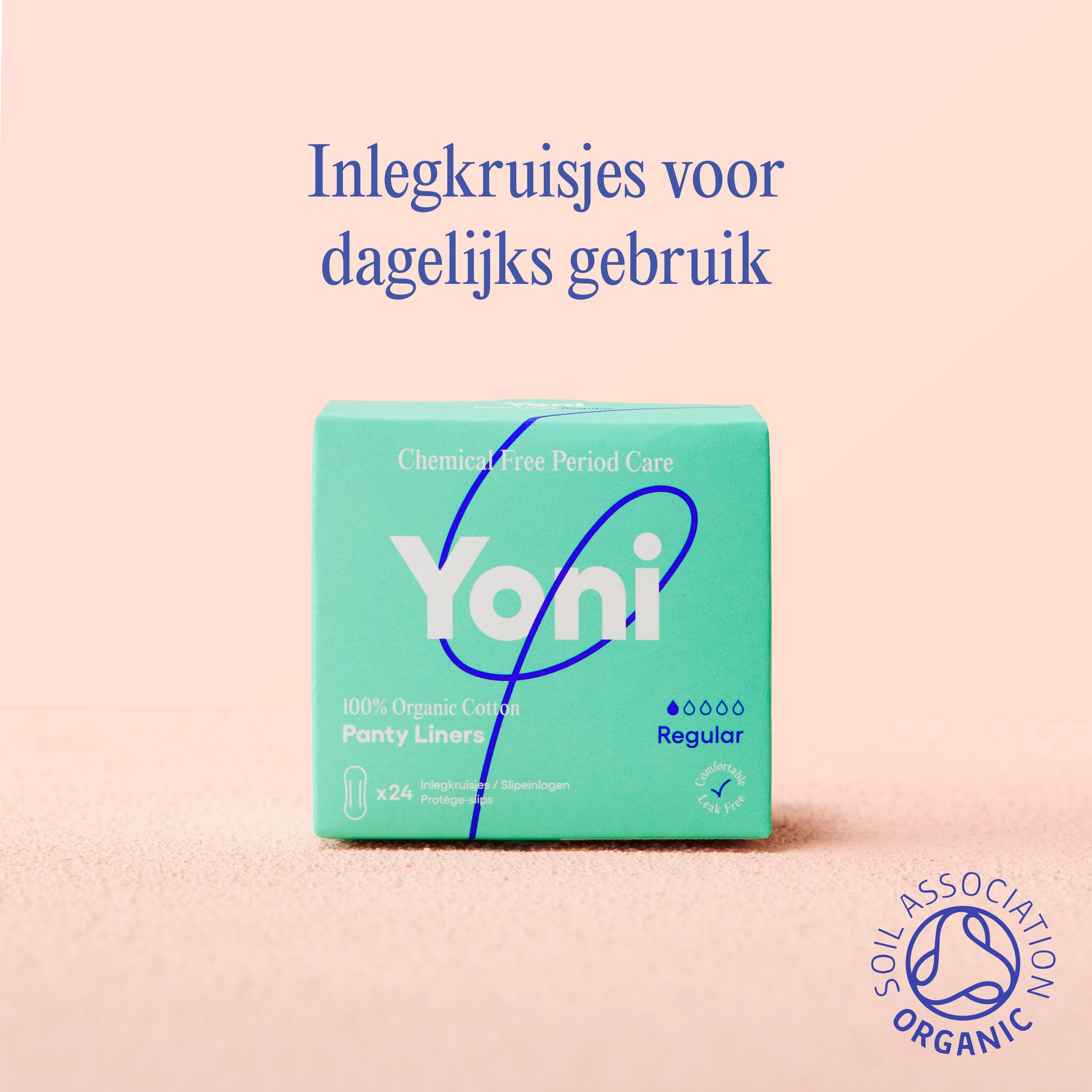 Groene Yoni-verpakking. Opschrift: Chemical Free Period Care, Panty Liners, Regular, 100% Organic Cotton.