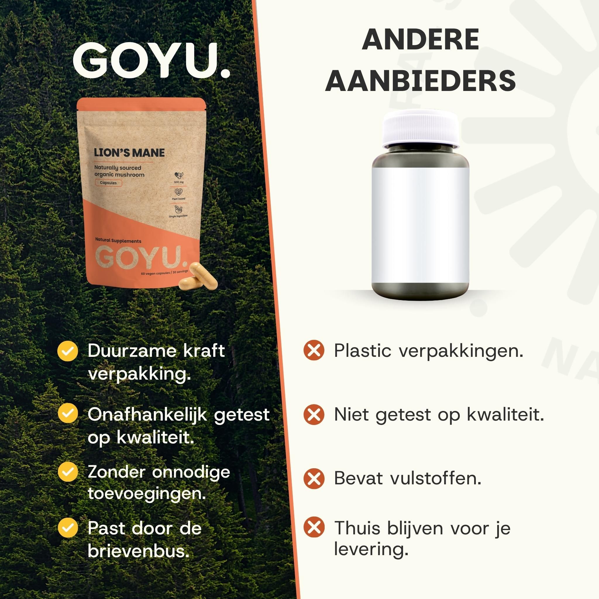 Ingrediënten: Biologische Lion's Mane (vruchtlichaam) 500mg per capsule. HPMC capsule. Certificeringen: FSSC, Vegan, Made in NL.