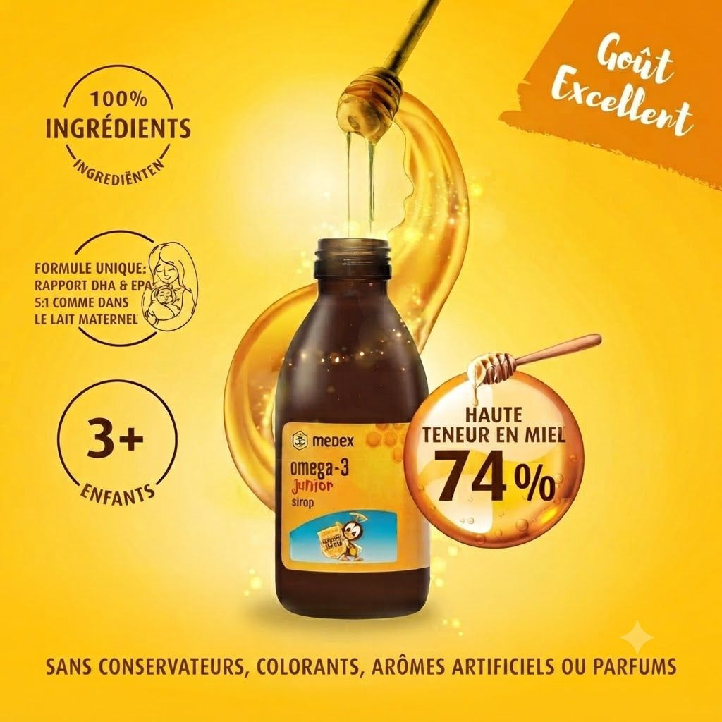 Bouteille en verre brun de sirop Medex Omega-3 Junior. 74% de miel. Pour enfants dès 3 ans.