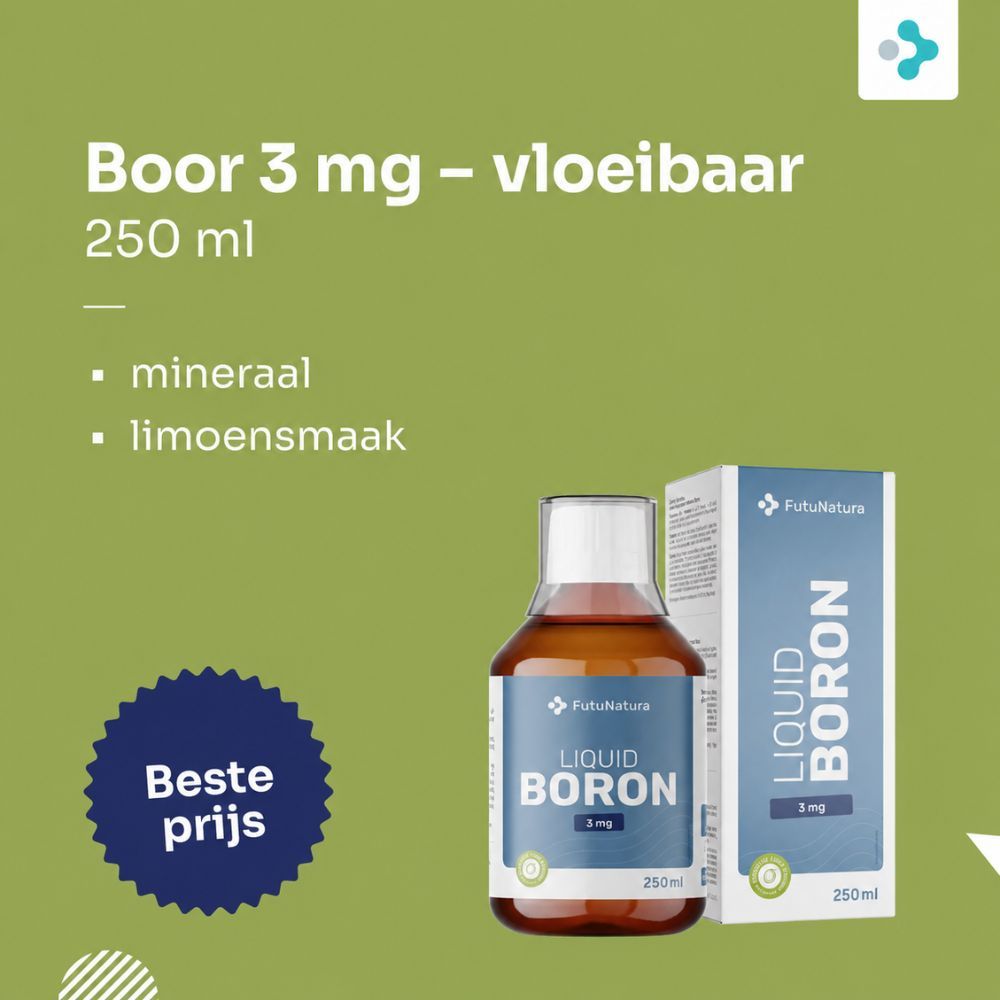 Fles en doos met vloeibaar boron. Tekst: mineraal, limoensmaak. Beste prijs.