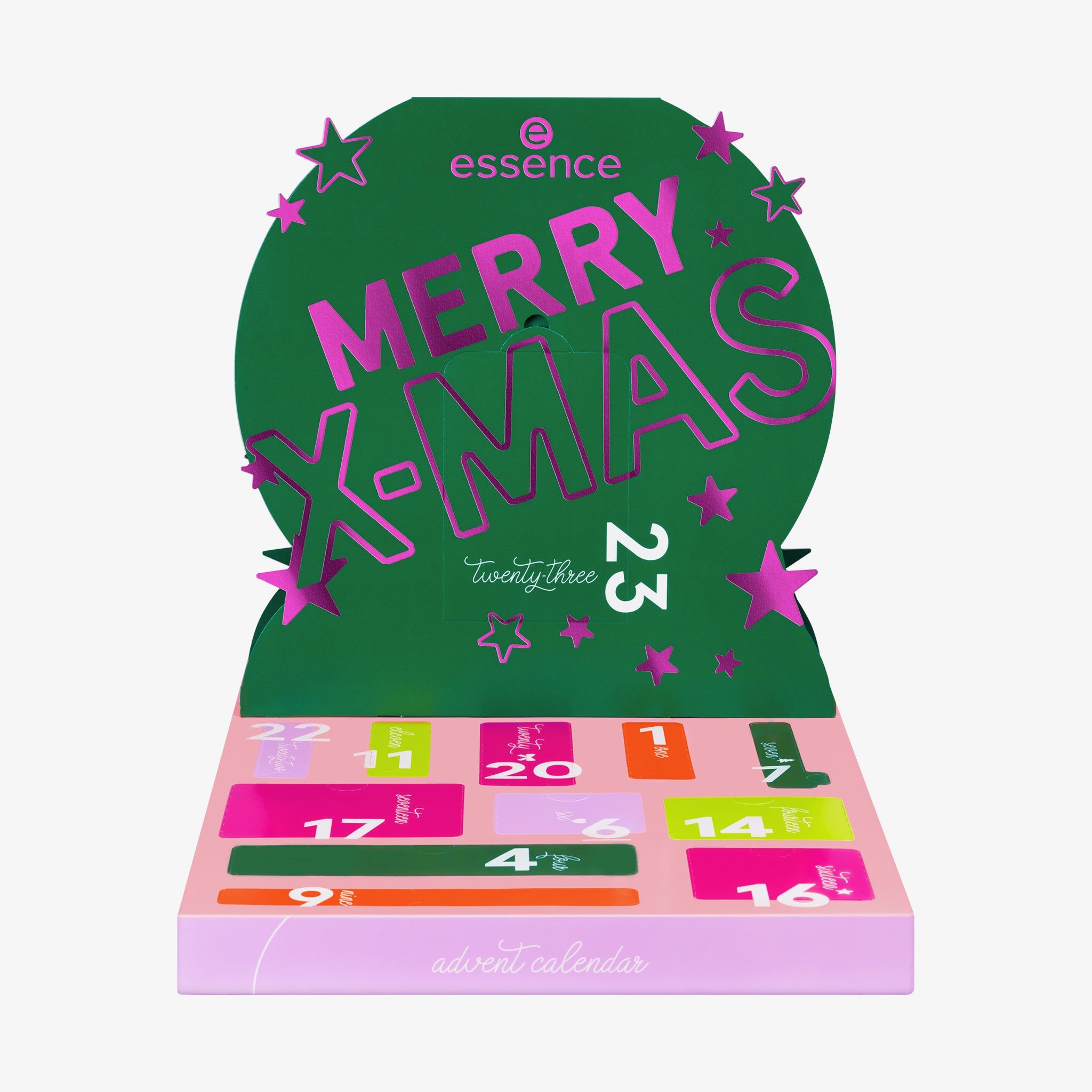 Adventskalender met 23 vakjes. Groen-roze design met opschrift « Merry X-Mas ». Bevat cosmetische producten.