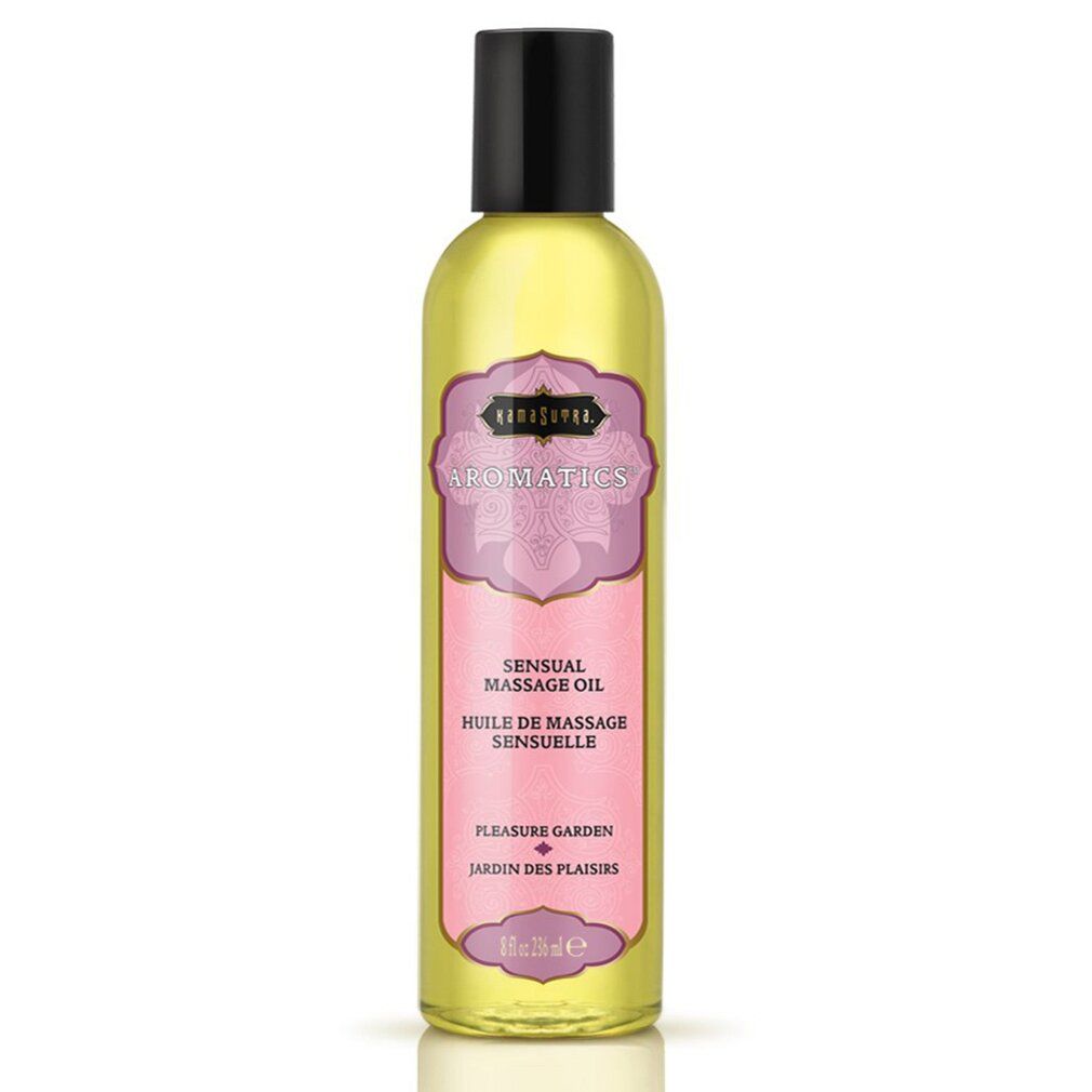 Bouteille d'huile de massage avec étiquette rose et bouchon noir.