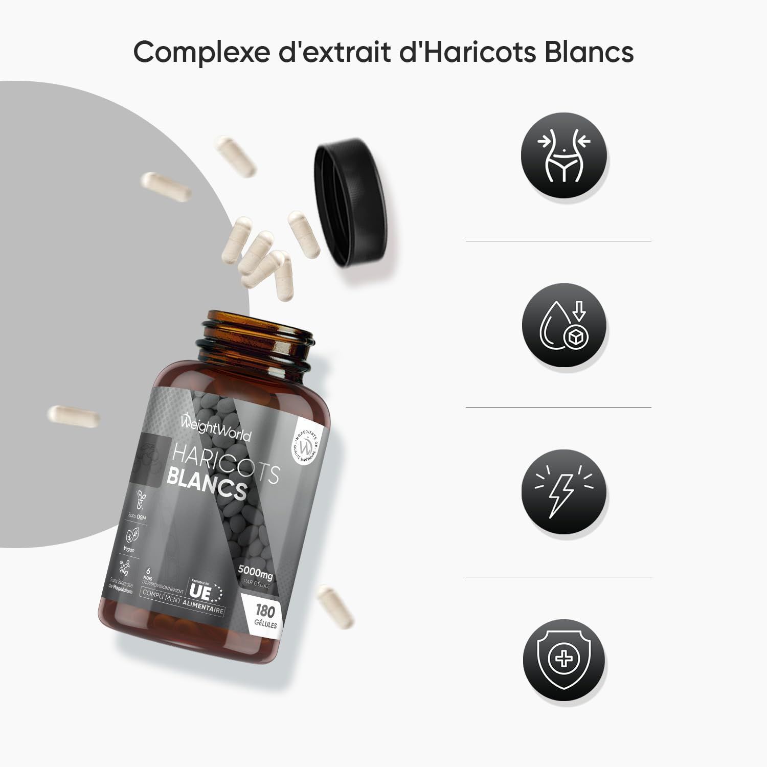 Bouteille brune avec des capsules blanches et un bouchon noir. Étiquette : HARICOTS BLANCS.