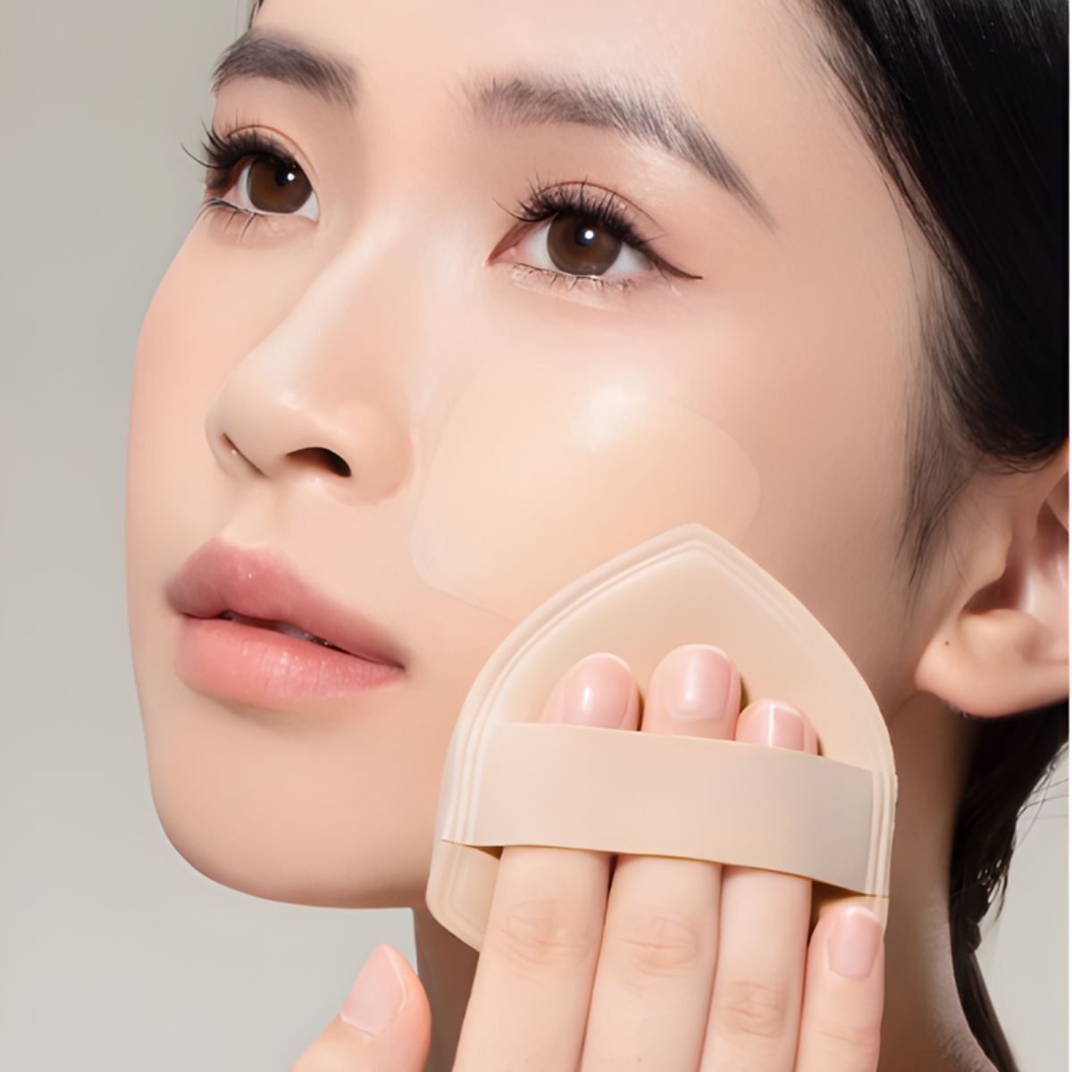 Une houppette de maquillage beige en forme de cœur avec une bande pour les doigts.