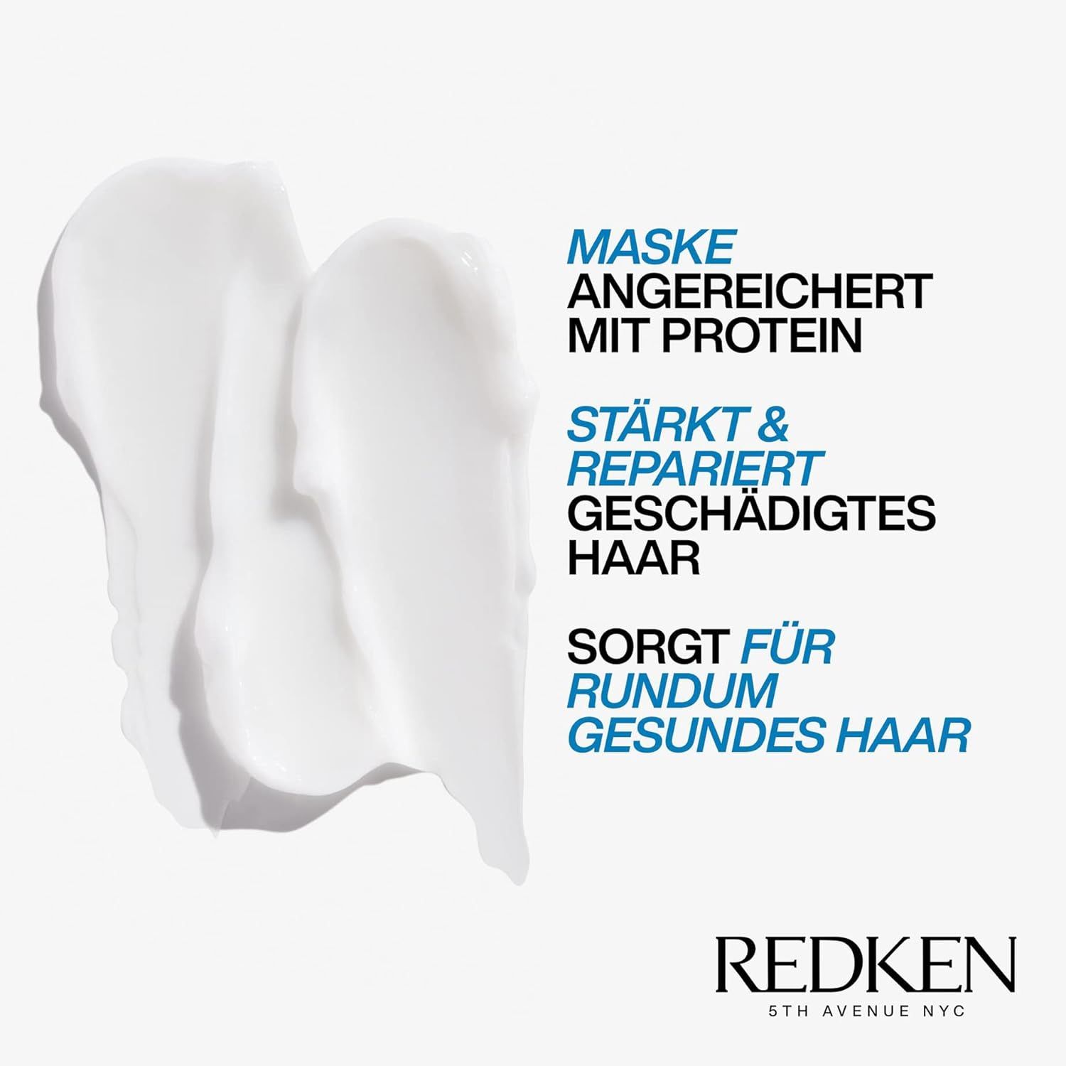 Wit product op witte achtergrond. Tekst in het Nederlands: Masker verrijkt met proteïne, versterkt & herstelt beschadigd haar, zorgt voor gezond haar.