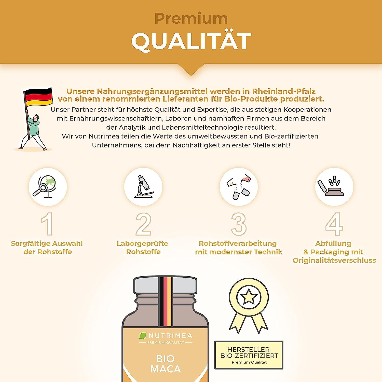 Grafiek met certificeringen. Tekst: Zorgvuldige selectie, in het laboratorium geteste grondstoffen, verwerking van grondstoffen.