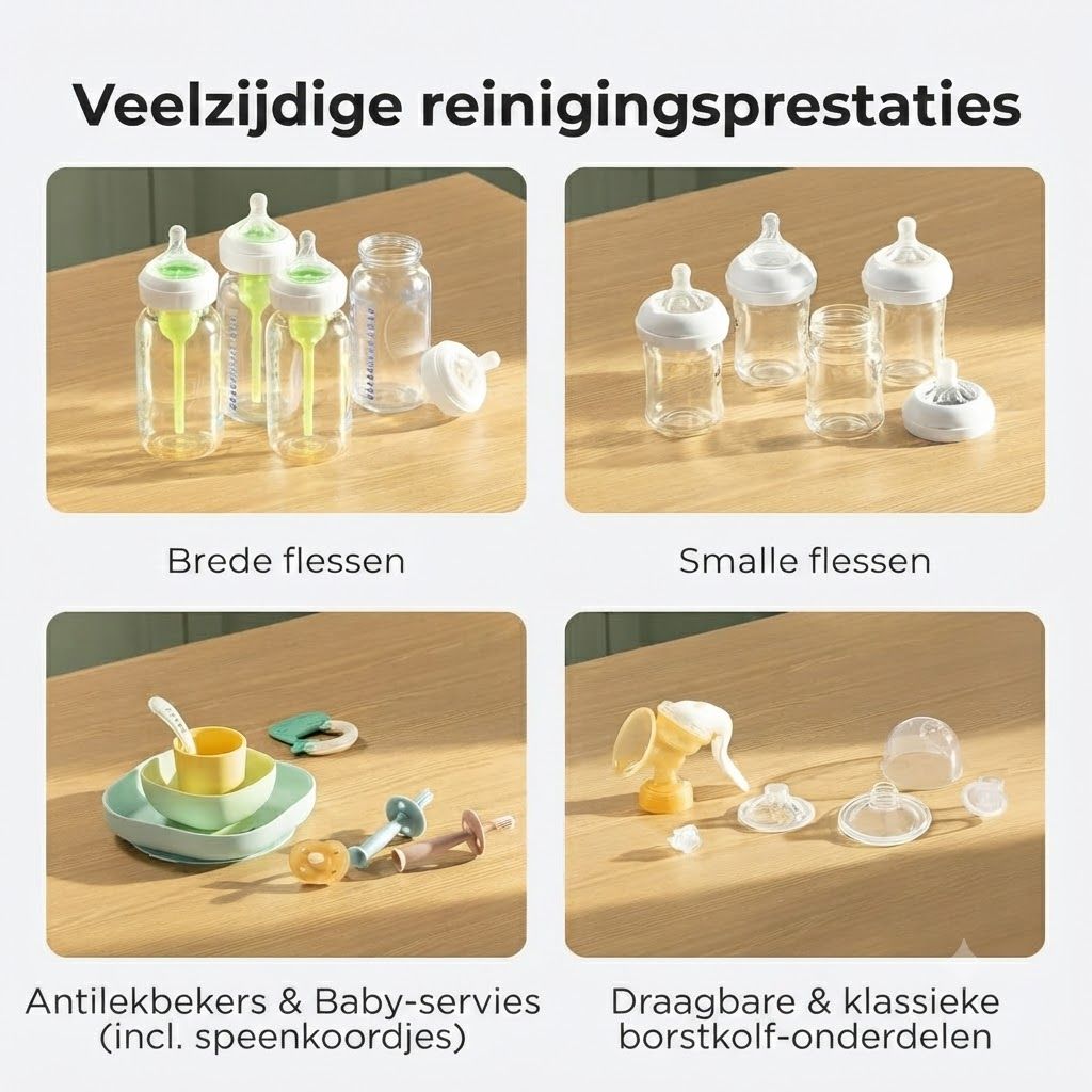 Meerdere babyflessen met brede hals en witte doppen.