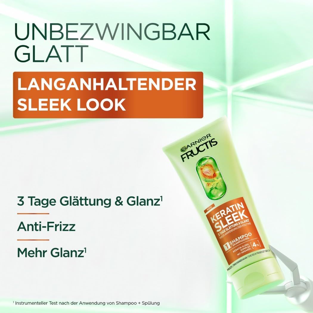 Garnier Fructis Keratin Sleek Shampoo. Groene tube met oranje label. Tekst: 3 dagen glad & glans, anti-frizz.