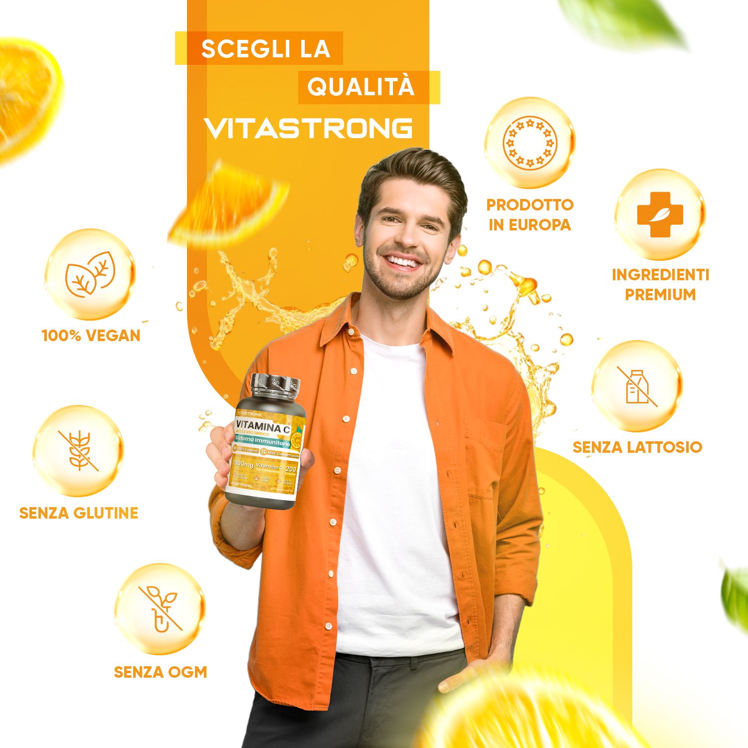 Man met Vitastrong Vitamine C tabletten. Zwarte fles, geel etiket. 100% veganistisch, glutenvrij, zonder GGO's, lactosevrij. Gemaakt in Europa.