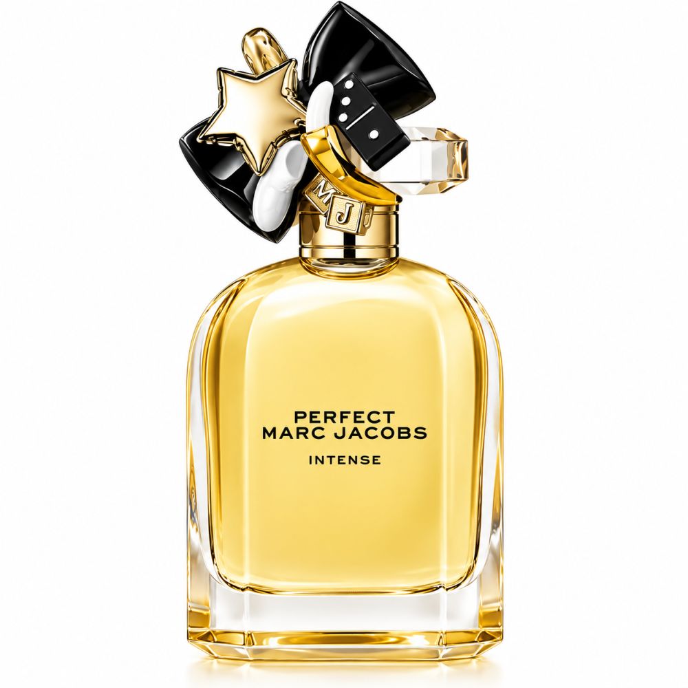 Flacon Marc Jacobs Perfect Intense Eau de Parfum avec un bouchon orné.