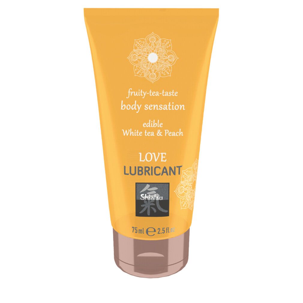 Tube orange : Lubrifiant Shiatsu Love, Thé blanc & Pêche, 75ml.