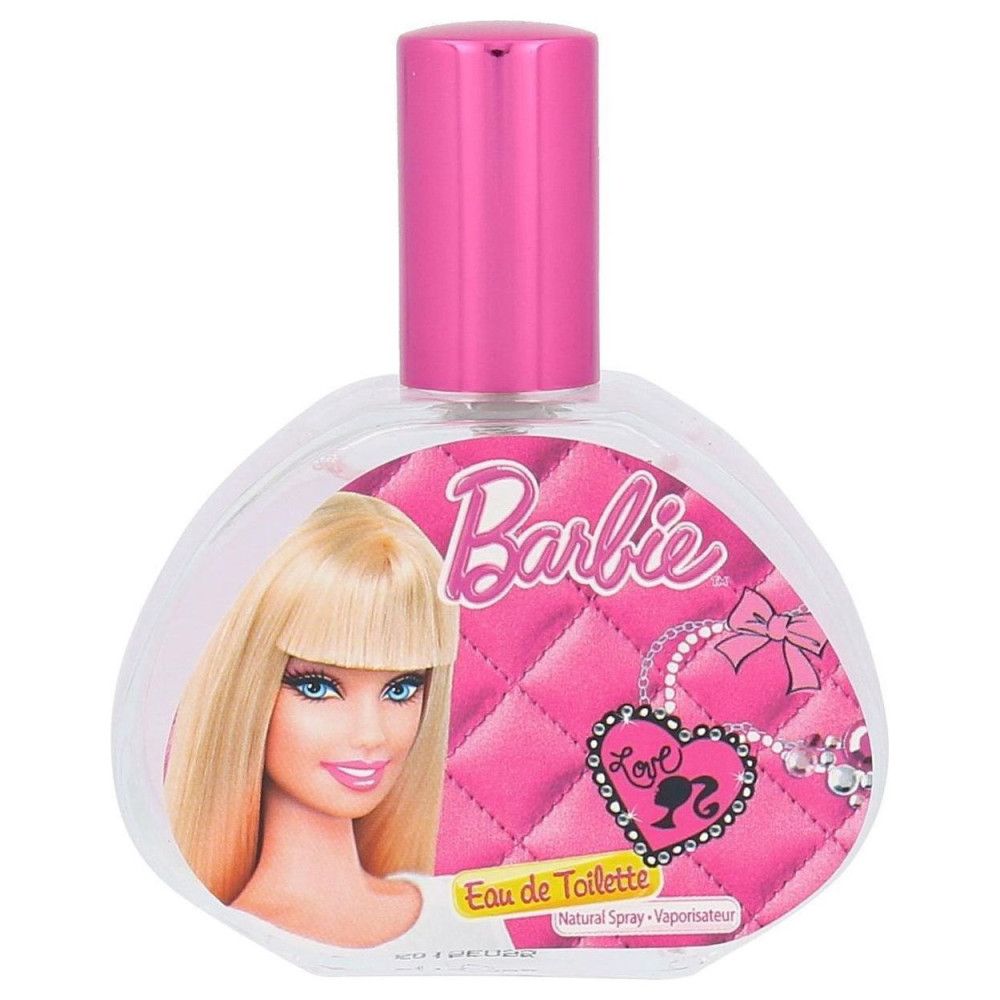Flacon rose avec bouchon rose. Inscription "Barbie Eau de Toilette". Image d'une poupée.