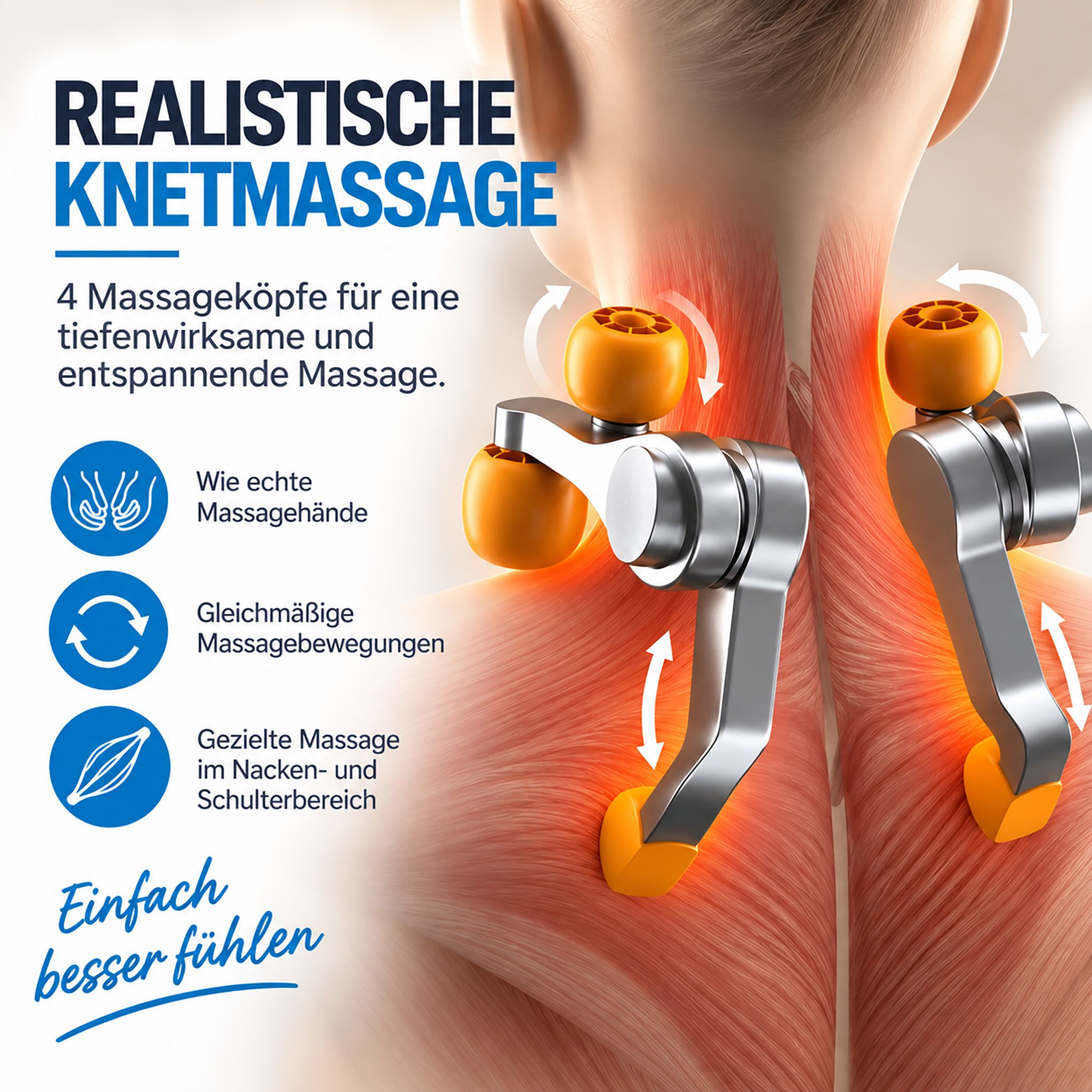 Close-up van de massagekoppen van de nekmassager, die nekmusculatuur simuleren.