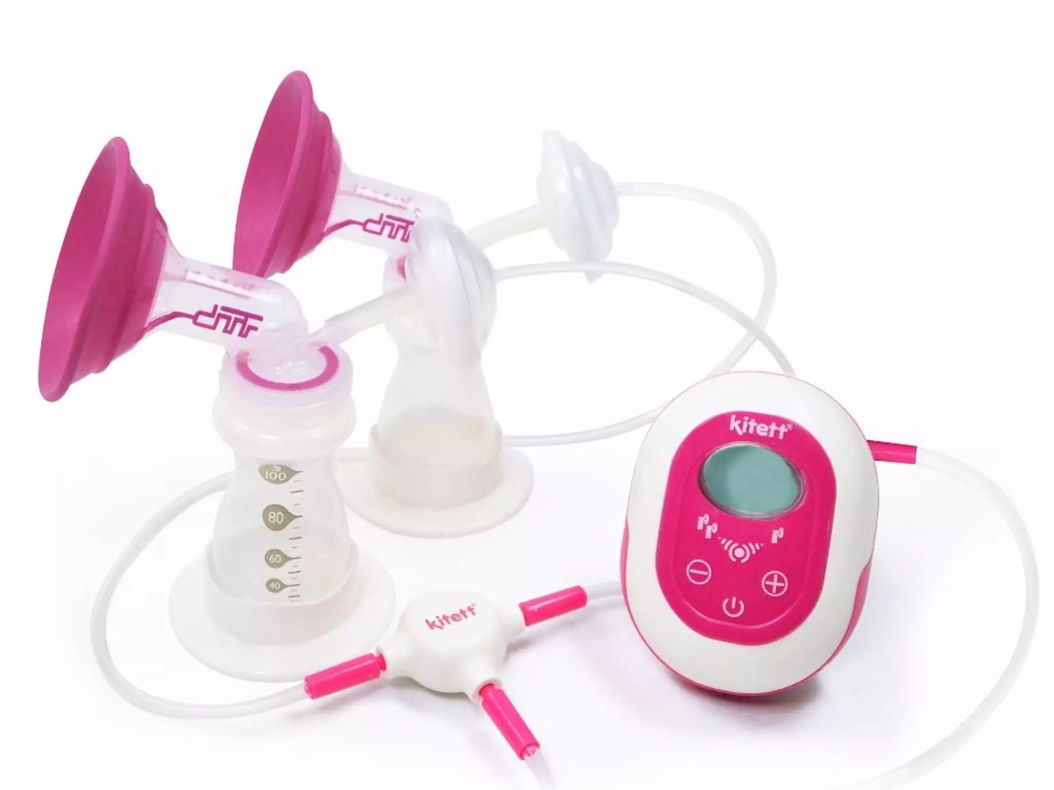 Draagbare borstkolf met twee borstschilden, flessen en bedieningseenheid. Roze en witte elementen. Digitale display.