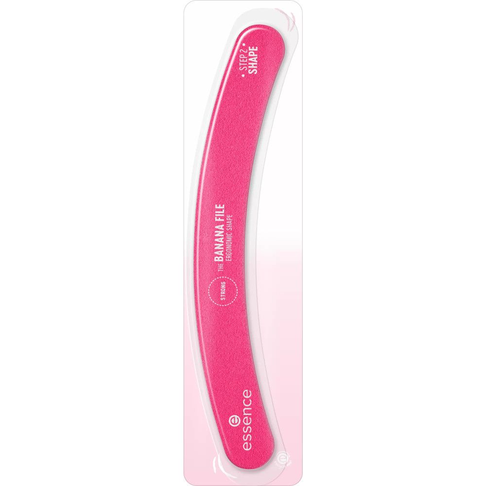 Roze nagelvijl in bananenvorm. Opschrift: "THE BANANA FILE", "STRONG", "STEP 2 SHAPE". Merk: Essence.