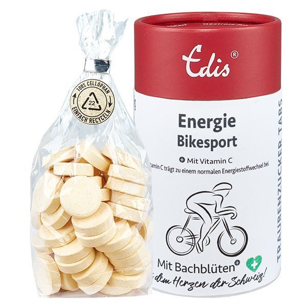 Deux emballages: un sachet de comprimés et une boîte rouge. La boîte porte l'inscription 'Edis Energie Bikesport' et un cycliste.