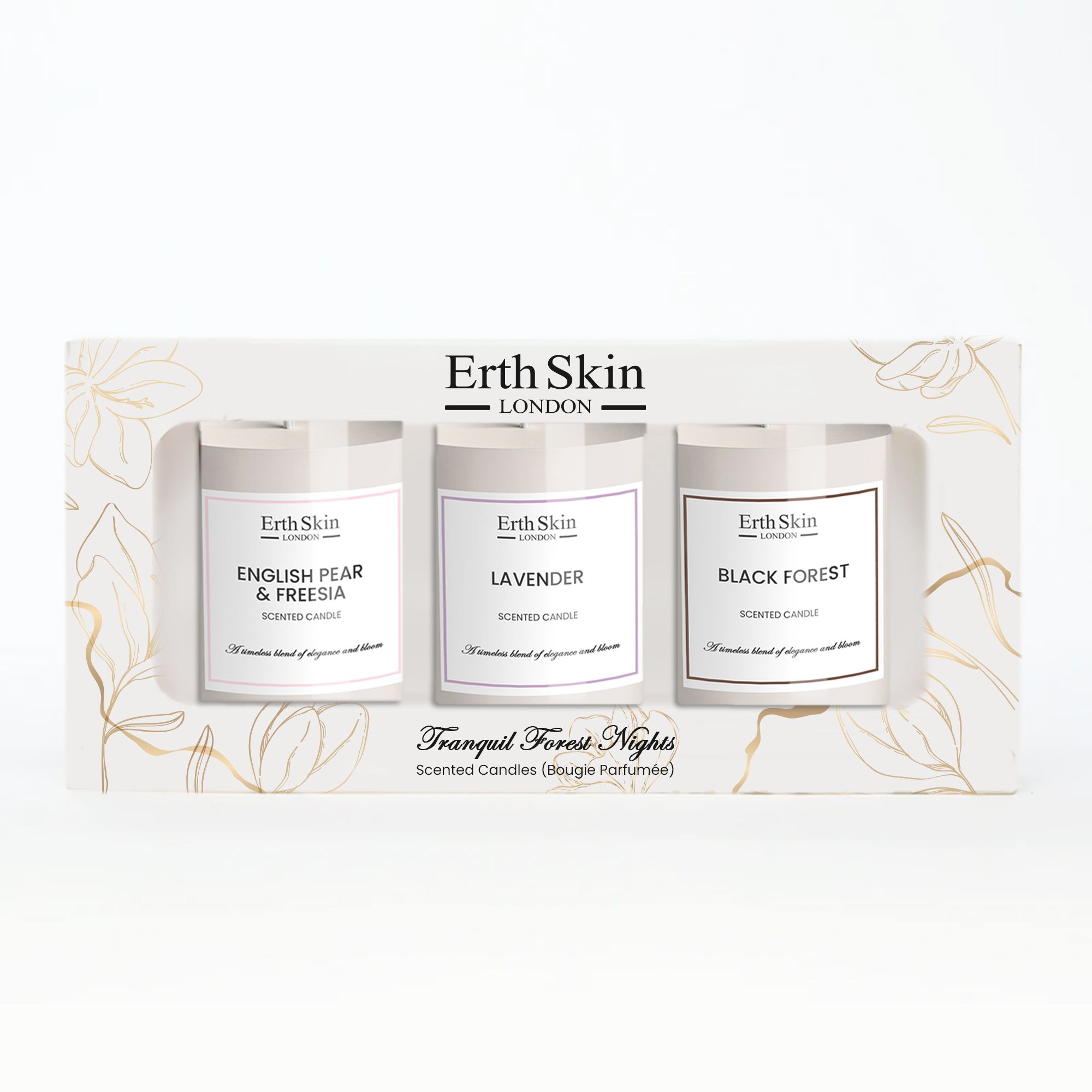 Geschenkverpakking met drie Erth Skin London kaarsen. Labels: "English Pear & Freesia", "Lavender" en "Black Forest". Bloemenmotief.