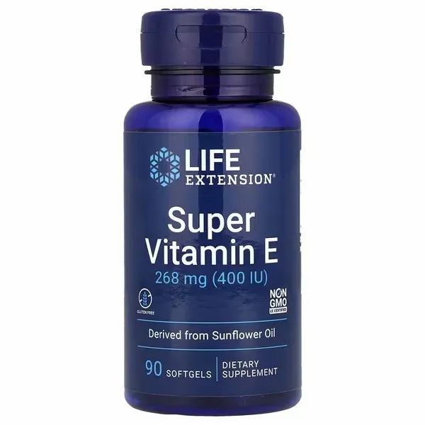 Flacon bleu 'Life Extension Super Vitamin E'. Contient 90 gélules. Dérivé de l'huile de tournesol. Sans OGM.