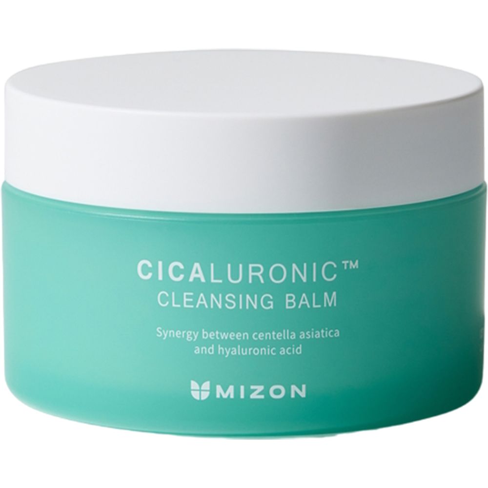 Turquoise pot met witte deksel. Opschrift: CICALURONIC CLEANSING BALM. Merk: Mizon.