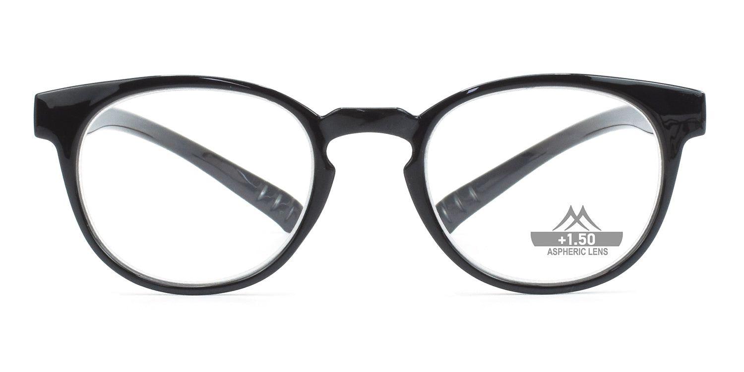 Lunettes noires à verres ronds. "+1.50 ASPHERIC LENS" est inscrit sur un verre.