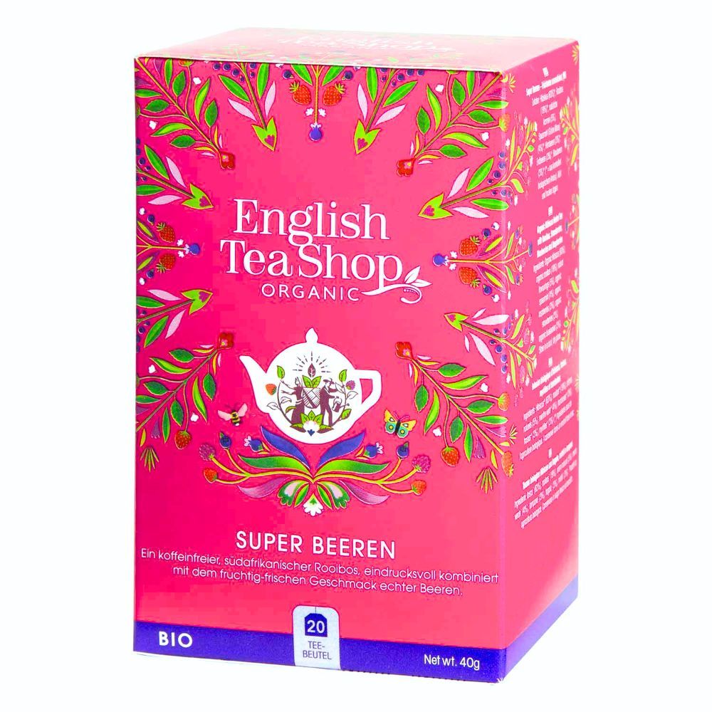 Roze verpakking "English Tea Shop Organic". Tekst "Super Bessen". 20 theezakjes. Bio-label. Netto 40g.