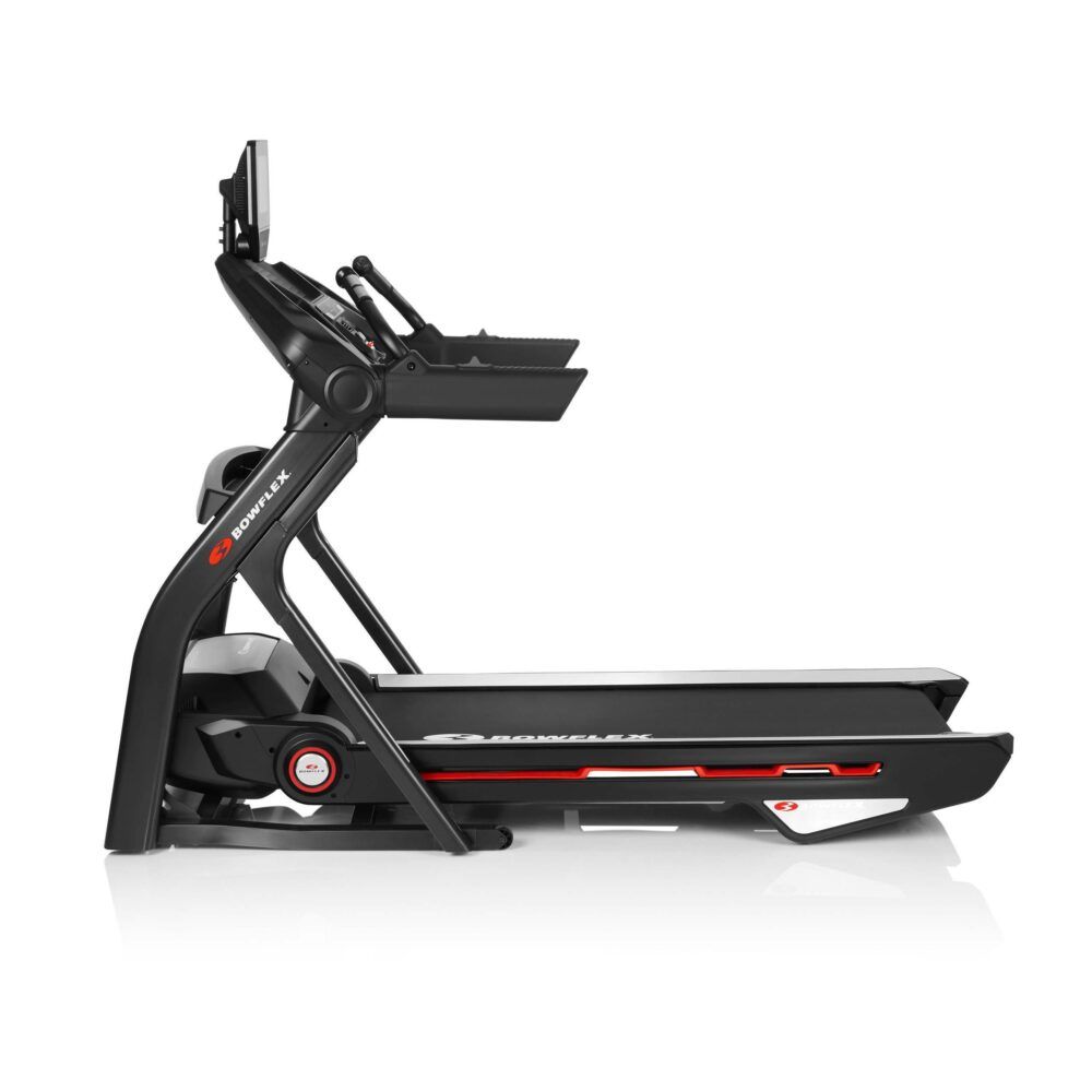 Tapis roulant T25. Design noir avec accents rouges. Console avec écran. Logo Bowflex.