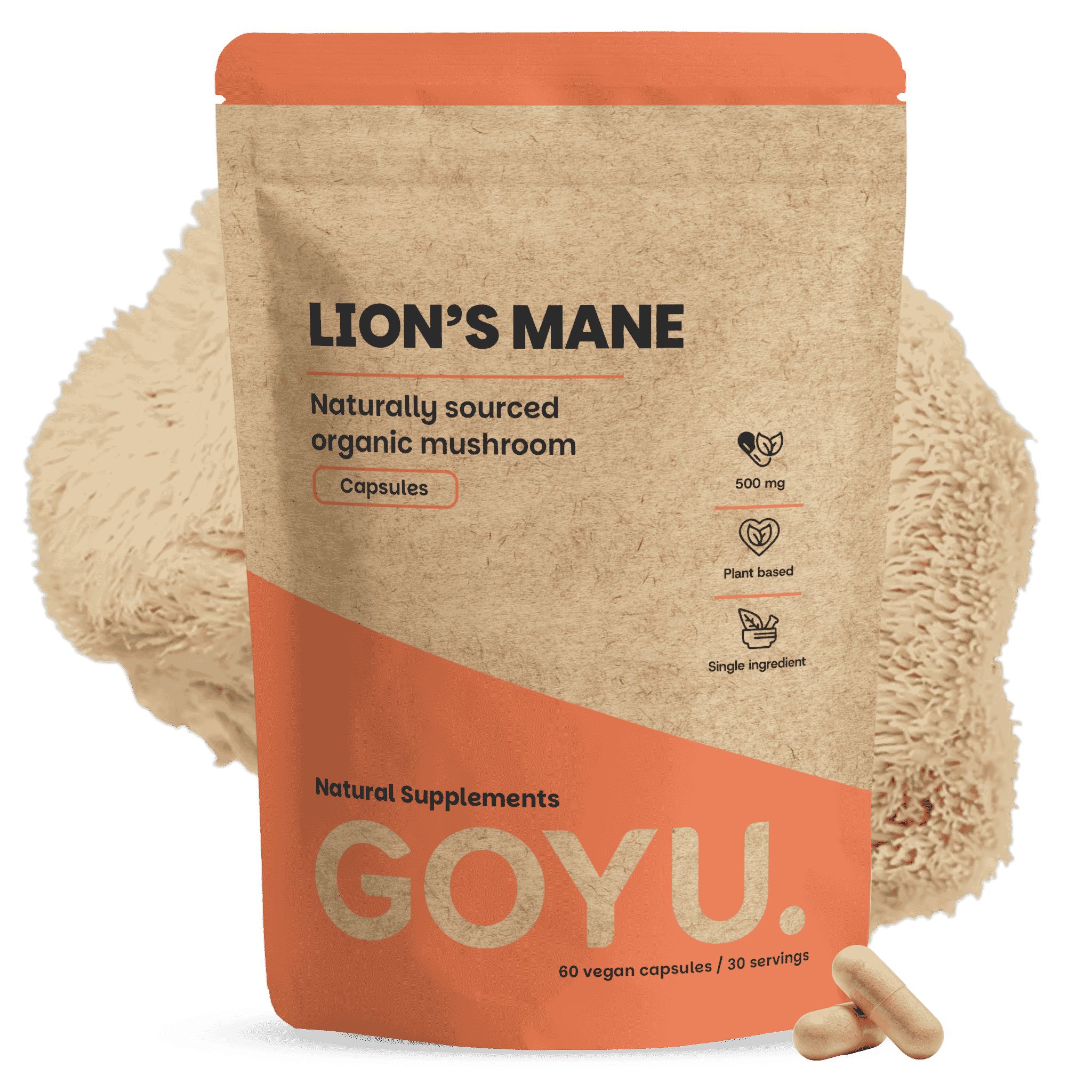 Bruine papieren zak met Lion's Mane capsules, 500 mg, biologisch, 60 vegan capsules.
