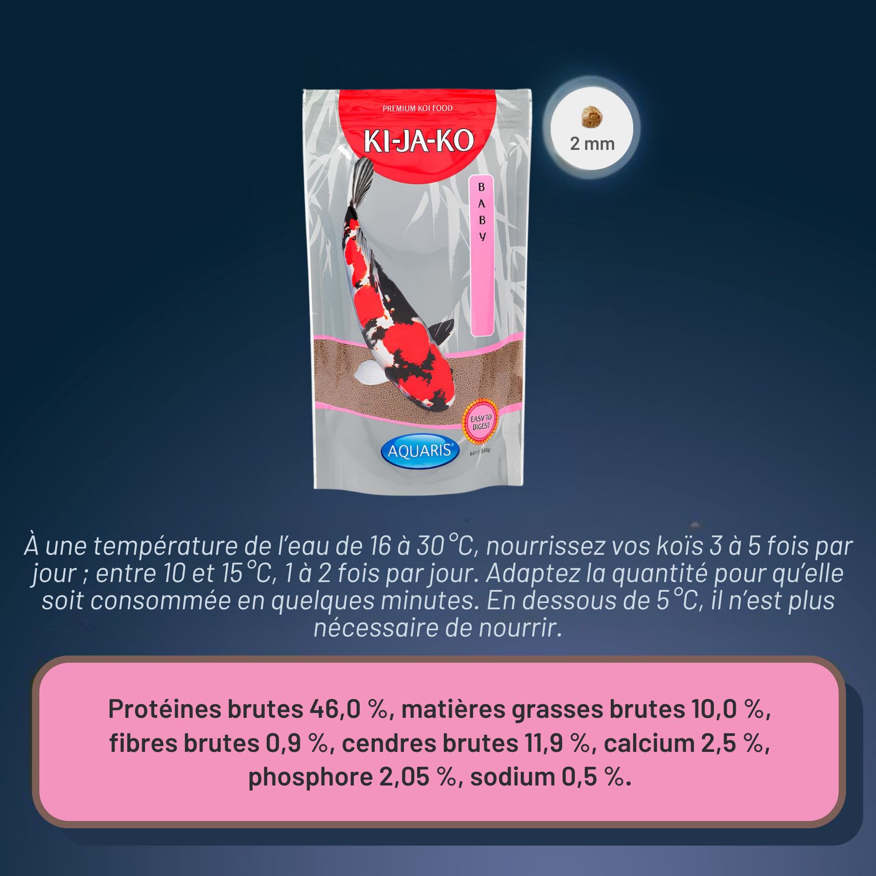 Emballage de KI-JA-KO Koifischfutter Baby. Texte avec informations nutritionnelles. Fond bleu.