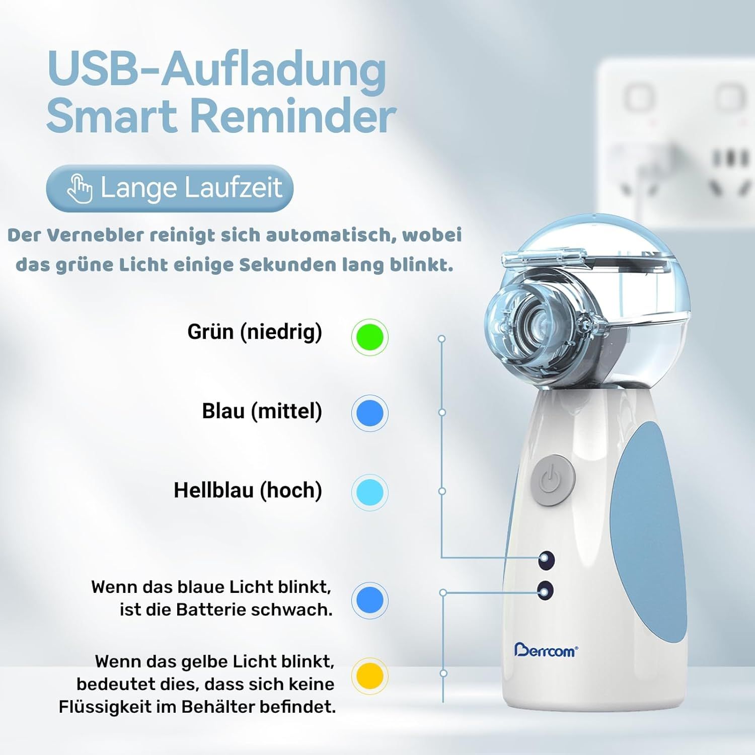 Wit en blauw inhalatieapparaat. Tekst: USB opladen, slimme herinnering, lange levensduur. Gekleurde LED-indicatoren.